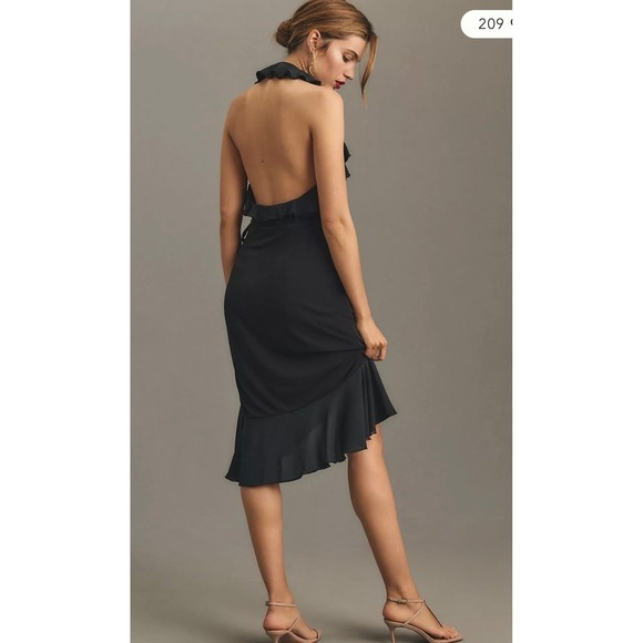 Anthropologie Halter Ruffle Asymmetrical Midi Dress Black Size Small - Picture 2 of 9
